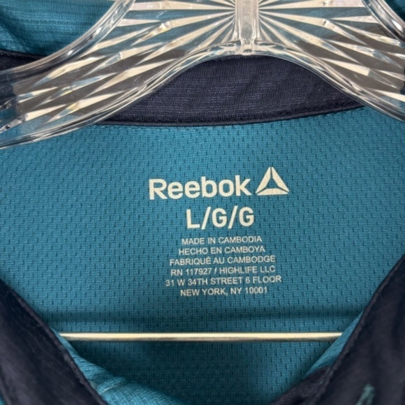 Reebok Polo Shirt Green-ish Blue Fine Stripes Black Logo on Front Size L - Picture 5 of 11